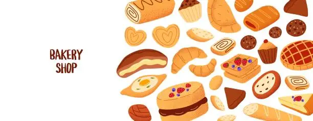 Vector illustration of Baked products, flour food, fresh pastry on horizontal banner. Design of template of bakehouse menu cover. Background with different bread, croissants, cakes, pies, buns. Flat vector illustration