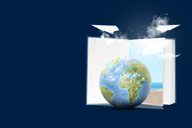 istock Open book and globe with a flying paper plane 2148815059