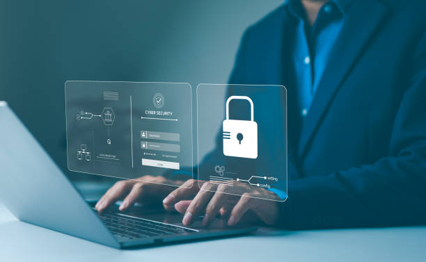 istock Cyber security concept. Man enter username and password for personal information access. Data login protect and secure internet access, screen padlock technology, Cybersecurity, encryption privacy, 2148815106