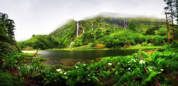 Panorama de las cascadas de Ribeira do Ferreiro, paraíso verde escondido en la isla de Flores, Azores, Portugal photo