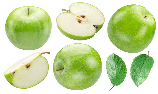 Green apple and green apple slices isolated on white background. Clipping paths.