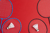 Badminton equipment. Rackets and shuttlecock, top view