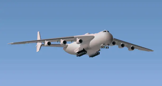 Vector illustration of A large cargo plane takes off into the sky. Vector.