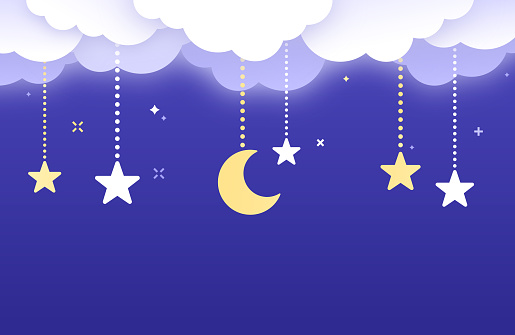 Hanging moon and stars night sky clouds modern childhood background.