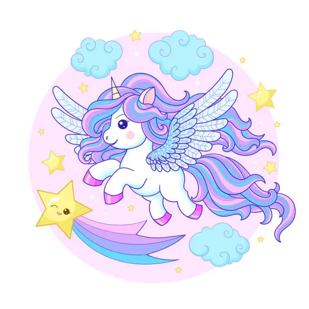 Vector illustration of Cute, cartoon unicorn flies in the sky. Vector illustration