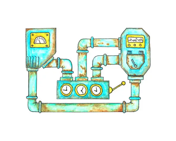 Vector illustration of Power machine unit with rusty old dirty pipes in steampunk style, hand drawn watercolor drawing, doodles in steampunk style. Vector trace.
