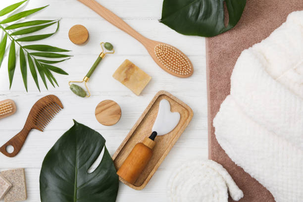 istock Bath accessories and supplies, composition with bathrobe 2148818899