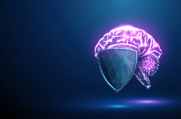 istock Abstract brain behind guard shield. Medicine disease and treatment concept. Low poly style. 2148820369