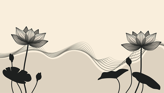 Lotus flowers and leaves against a beige backdrop with black accents. Elegant design adds a touch of luxury to any project, suitable for various applications like invitations or textiles. Not AI.