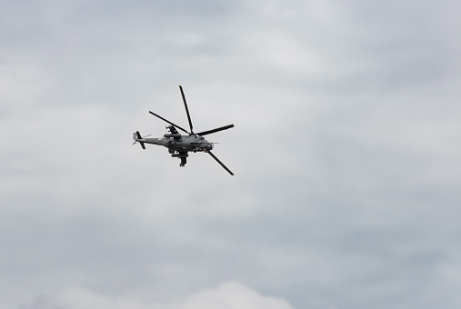 Sliac / Slovakia - August 3, 2019: United States US Army Boeing AH-64E Apache Guardian 17-03153 attack helicopter static display at SIAF Slovak International Air Fest 2019