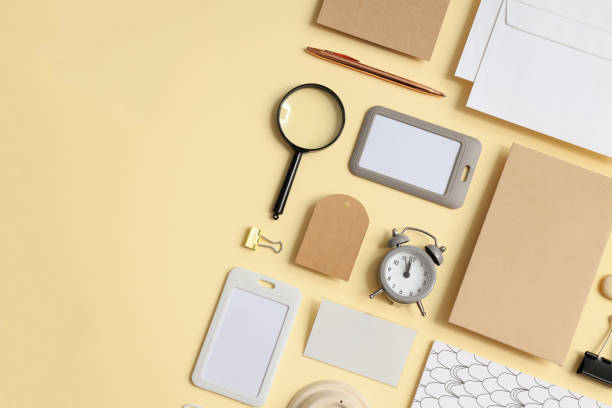 istock Mockup flat lay with different office accessories on beige background 2148822779