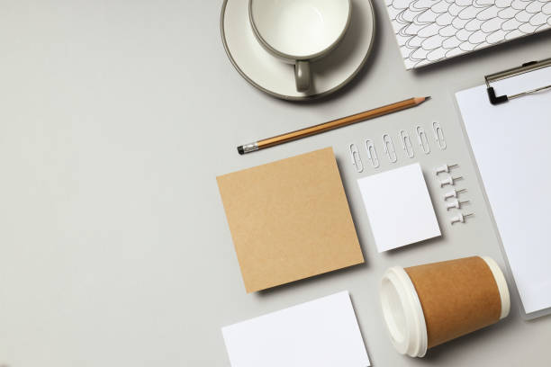 istock Mockup flat lay with different office accessories on light gray background 2148822847