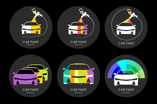 Six icons of cars with different paint schemes set against a dark background, vector illustration conceptualizing vehicle customization. Vector illustration