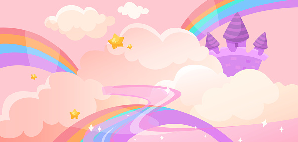 A whimsical fairy tale landscape with a castle on clouds, rainbow, and stars, in pastel hues on a pink background, evoking fantasy and magic. Vector illustration