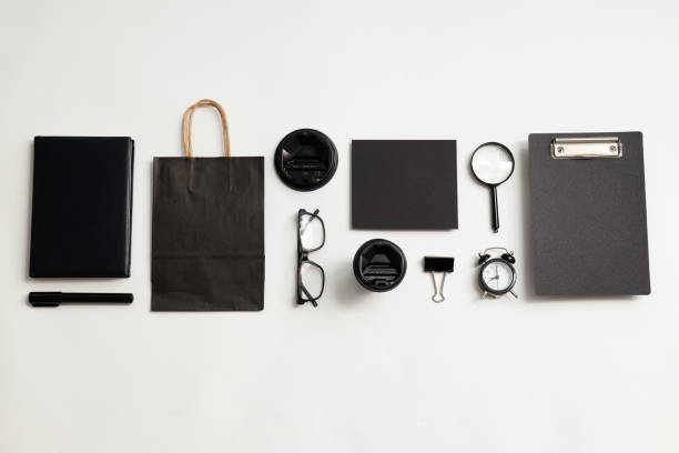 Mockup flat lay with different office accessories on white background