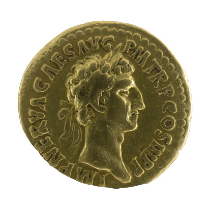 Nerva or Marcus Cocceius Nerva -  Roman emperor. Aureus with the profile of the emperor