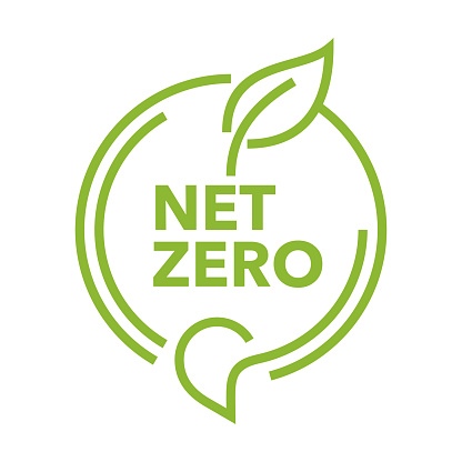 Net Zero. CO2 neutral green decorative badge, net zero carbon dioxide footprint - carbon emissions free no air atmosphere pollution industrial production eco-friendly isolated sign in bold line