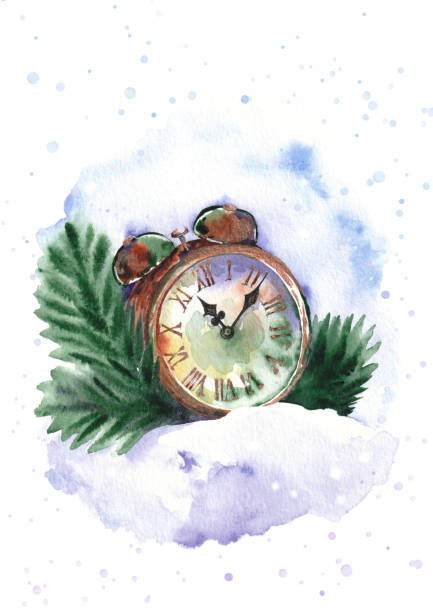 istock Winter scene with alarm clock and pine branches on snowy background. Perfect for Christmas cards and prints. 2148823678