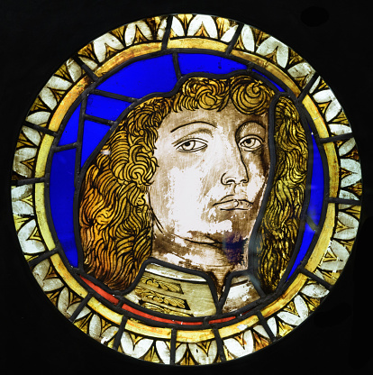 Stained glass window with a male portrait by Ercole de' Roberti
