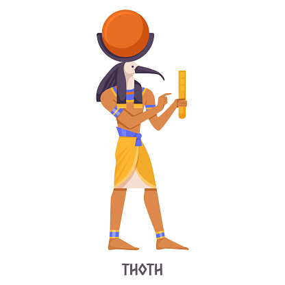 Illustration of Thoth, the Egyptian deity with an ibis head, holding a scroll, on a plain background, in a flat design style. Vector illustration