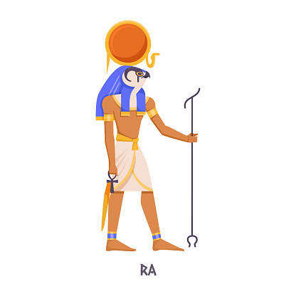 Illustration of the Egyptian god Ra on a simple background, depicted in a colorful, flat design style, showcasing ancient mythology. Vector illustration
