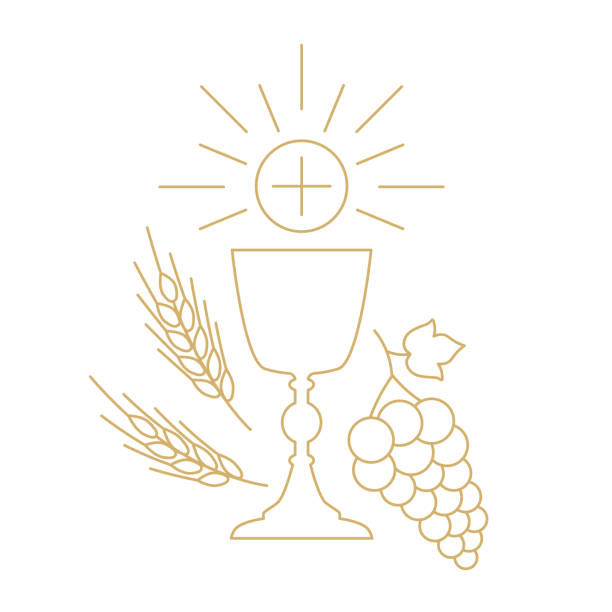 golden holy communion chalice with waffer, grapes and wheat ears; design element for first holy communion invitations and greeting cards golden holy communion chalice with waffer, grapes and wheat ears; design element for first holy communion invitations and greeting cards - vector illustration communion stock illustrations