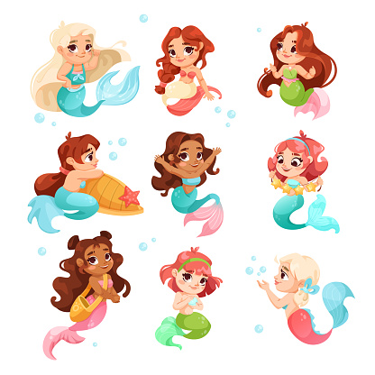 A collection of cute mermaid characters in various poses and expressions, illustrated in a cartoon style on a white background, concept of fantasy sea life. Vector illustration