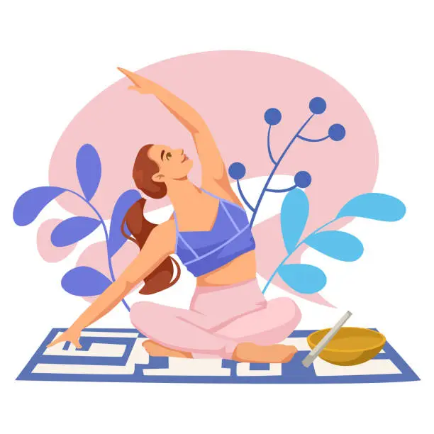 Vector illustration of Woman practicing yoga pose, vector illustration, light pink background, concept of wellness and exercise. Vector illustration