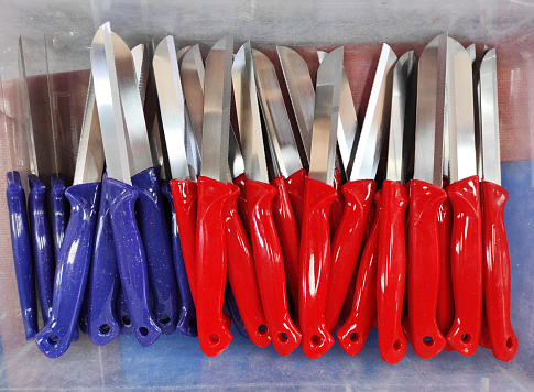 Knives for cutting food with metal blades and multicolored plastic a handles