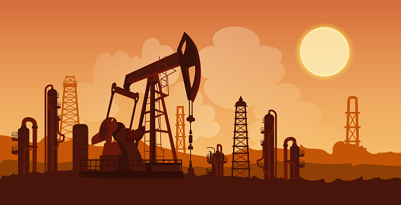 Oil production industry. Petroleum extraction, output and development. Mining operation. Modern oilwell. Pipeline tubing. Sunset in the background. Realistic design. Vector illustration