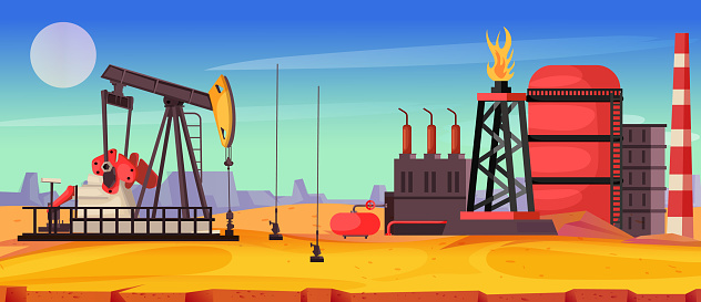 Oil production industry. Petroleum extraction, output and development. Mining operation. Modern oilwell. Pipeline tubing. Refining plant. Desert in background. Realistic design. Vector illustration
