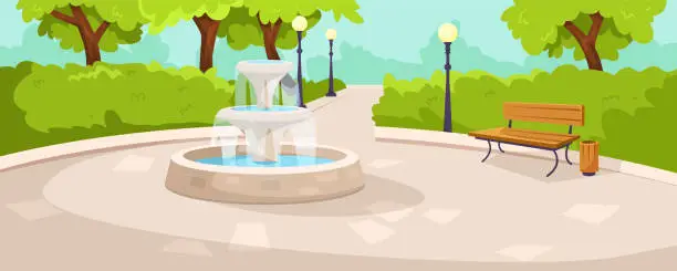 Vector illustration of Park scene with a water fountain, pathway, bench and street lamps, in a colorful vector illustration on a sunny day concept. Vector illustration