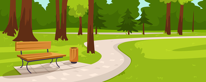 Vector illustration of a park scene with a bench, path, trees, and a trash bin, in a flat graphic style on a vibrant green background, concept of nature. Vector illustration