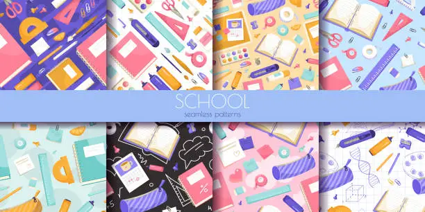 Vector illustration of Set of colorful seamless patterns with school supplies, flat graphic style, mixed backgrounds, concept of education and learning. Vector illustration