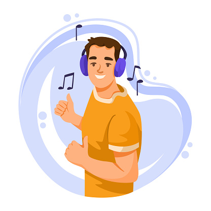 A happy man with headphones enjoying music, vector illustration on a blue abstract background, concept of leisure and music. Vector illustration