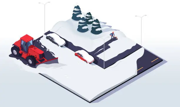 Vector illustration of Isometric illustration of snow removal process with vehicles, trees and streetlamp on a light background, concept of winter services. Vector illustration