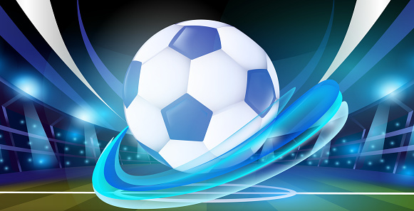 Soccer ball with dynamic blue swirls on an abstract stadium background, illustrating sports energy and excitement. Vector illustration