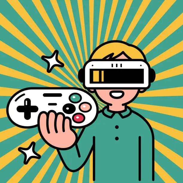 Vector illustration of A boy wearing a virtual reality headset or VR glasses enters the metaverse and holds a game controller