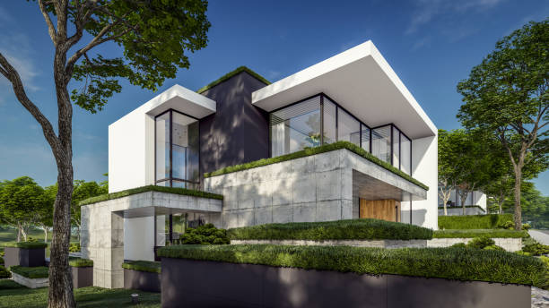 istock 3d rendering of flat roof house with concrete facade 2148826663