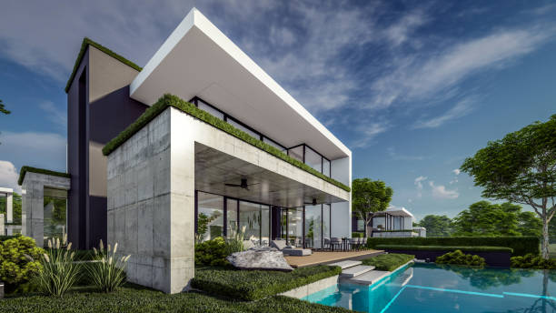 istock 3d rendering of flat roof house with concrete facade 2148826682