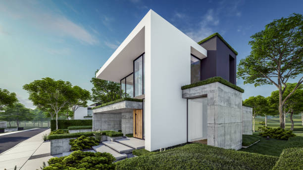 istock 3d rendering of flat roof house with concrete facade 2148826683