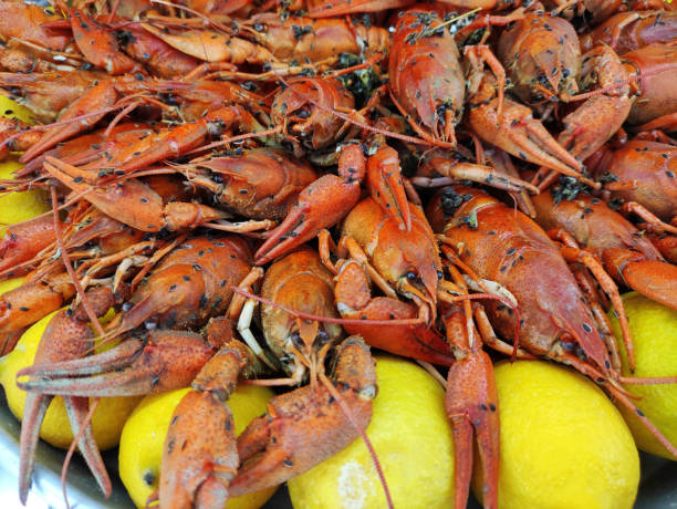 istock Red boiled crayfish with yellow lemons 2148827003