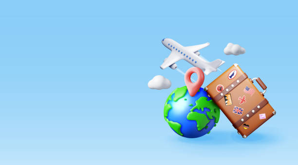 istock 3d vintage travel bag, globe and airplane 2148829814