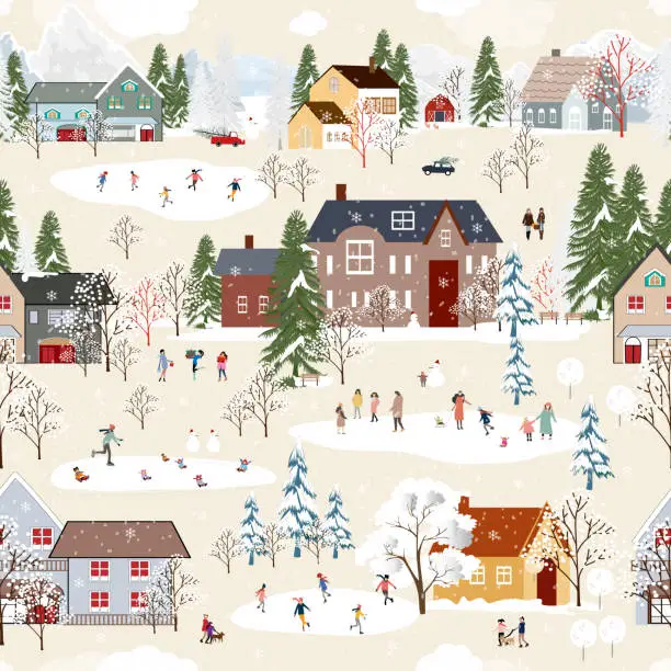 Vector illustration of Winter Pattern,Christmas background,Winter wonderland landscape city with pine tree,cute house,people playing ice skate,Vector design Family celebration in village on New Year Eve,Xmas Holiday 2025