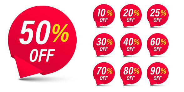 Different discount price 10, 20, 25, 30, 40, 50, 60, 70, 80, 90 percent Promotion sticker badge set for shopping marketing and advertisement clearance sale, Save money. vector illustration.