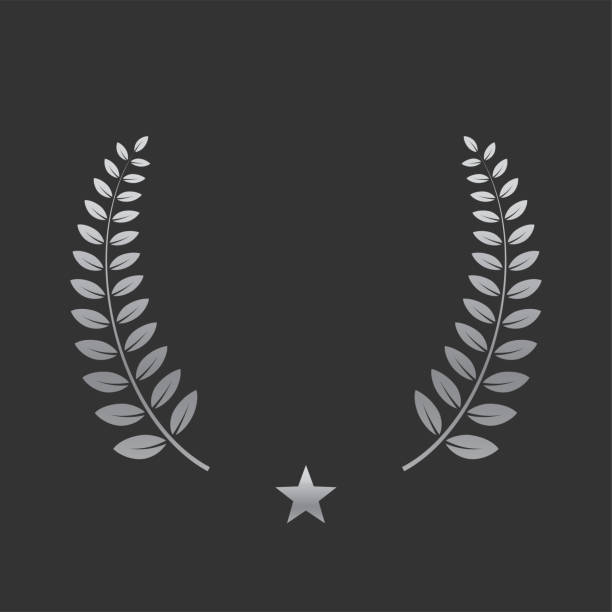 istock Realistic silver laurel wreath with star. Premium insignia, traditional victory symbol on black backdrop. Triumph, win poster, banner layout , shiny frame, border 2148830965