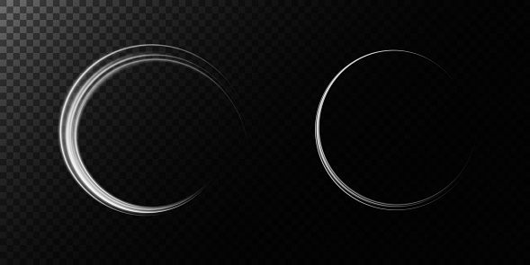 Set of white round frames isolated on black background. Light efects in the form of portal. Vector illustration.