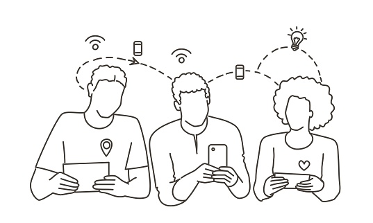 Three people are sitting together and looking at their cell phones. One of the people is holding a tablet. Hand drawn vector illustration. Black and white.