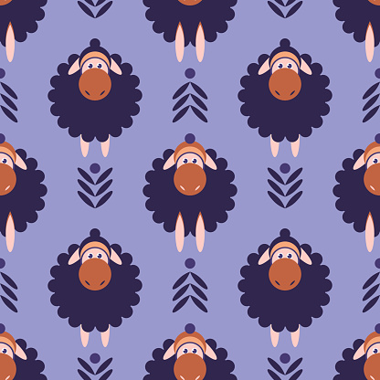 Vector seamless childrens pattern. Stylized sheep in hats on a purple background.