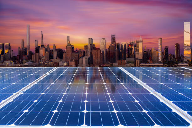 istock Solar panel over city, solar power green energy for life concept 2148834178